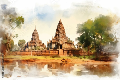 Watercolor painting of ancient ruins in Ayutthaya landscape. Generative AI