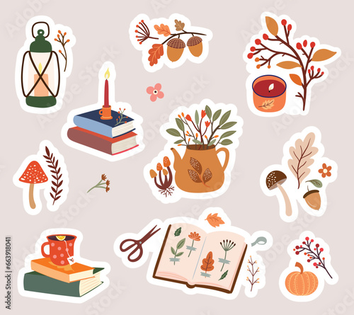 Autumn stickers collection with cute seasonal elements, autumnal cozy design, vector  