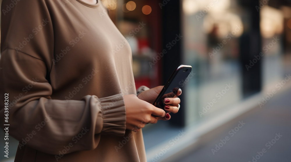 Close up of woman hand using mobile smart phone for online shopping and digital banking via mobile app, surfing the internet, social media network, people lifestyle Close up of woman hand using mobile smart phone for online shopping and digital banking via mobile app, surfing the internet, social media network, people lifestyle