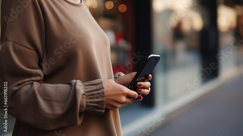 Close up of woman hand using mobile smart phone for online shopping and digital banking via mobile app, surfing the internet, social media network, people lifestyle