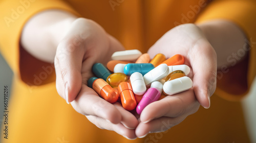 A person holds a handful of colorful pills in hands.