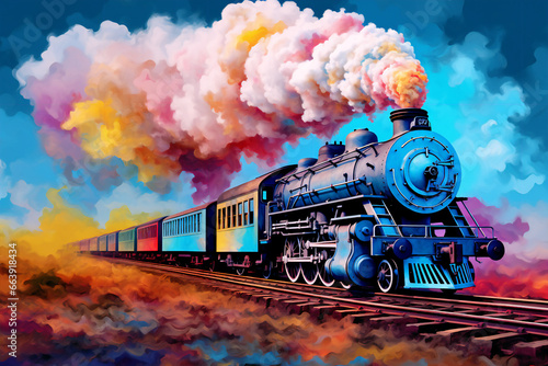 blue train with a rainbow smoke that is coming out of its engine, saturated pigment photo