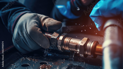 Male plumber fixing a pipe leak photo