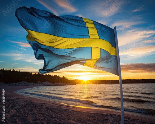 Sunset over Yellow and Blue Swedish Flag on the Shore