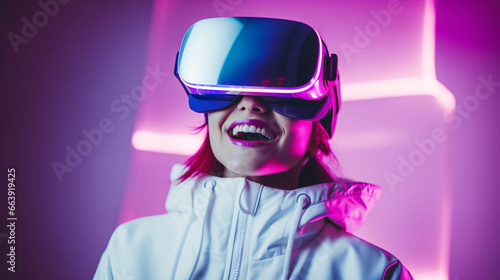 Portrait of a happy young woman wearing virtual reality goggles. Future technology concept. © Hung