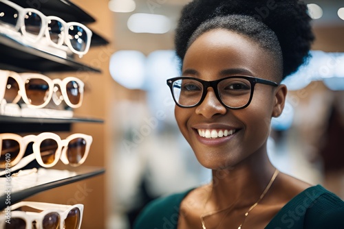 Close-up of a gorgeous young black woman smiling while choosing eyeglasses at an optician in a shopping mall. Happy beautiful woman shopping for glasses photo