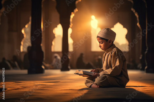 Photographie muslim religious little boy reading holy book quran