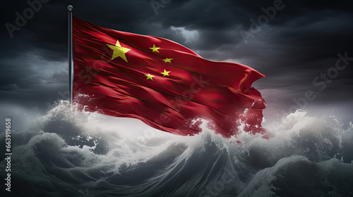 Chinas National Icon: The Red Five-Star Flag Waving Proudly in the Wind