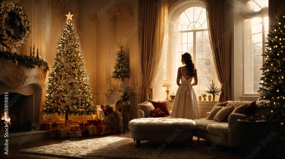 Frau gemütlichen Wohnzimmer zur Weihnachtszeit