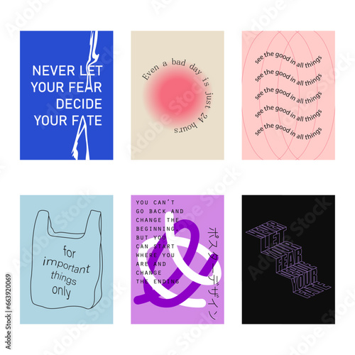 Set of positive social media quotes, motivation posters on trendy abstract background in neutral colors (Japanese text translation: poster design)