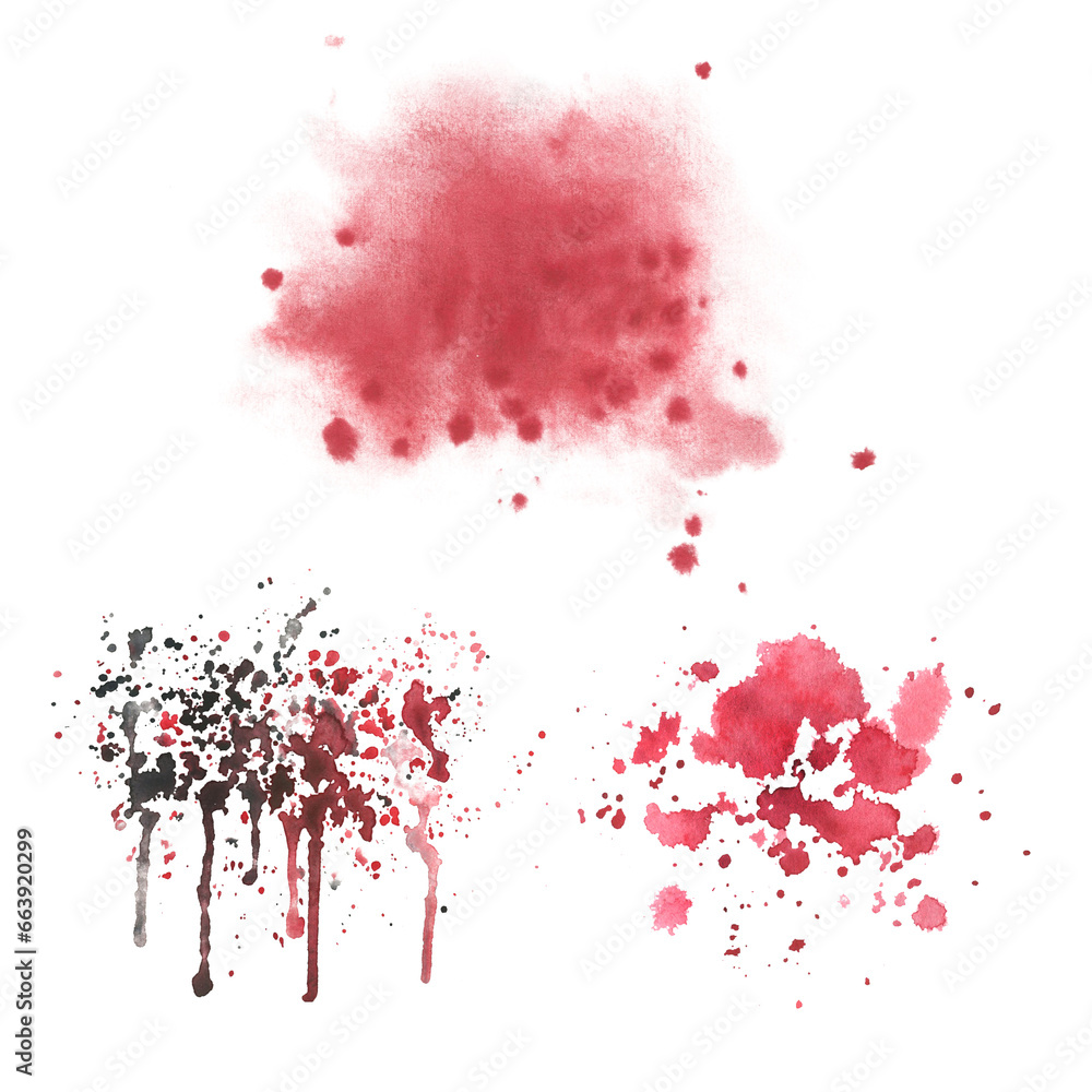 Red, burgundy, black spots, splashes, smudges of watercolor paint drawn by hand. Set of isolated elements on a white background.