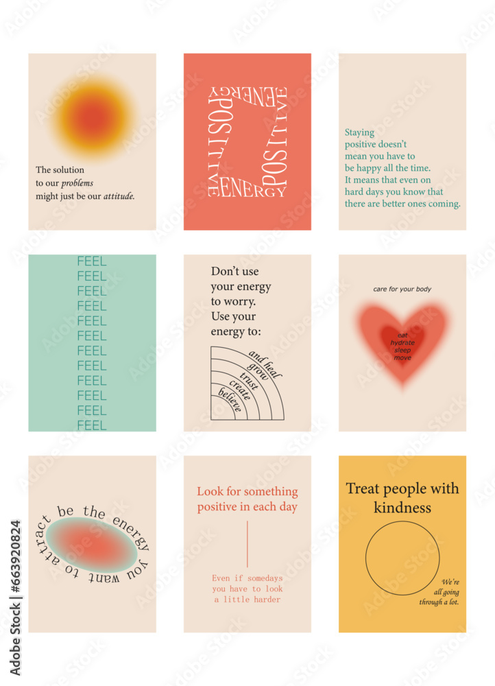 Fototapeta premium Set of positive social media quotes, motivation posters on trendy abstract background in neutral colors.