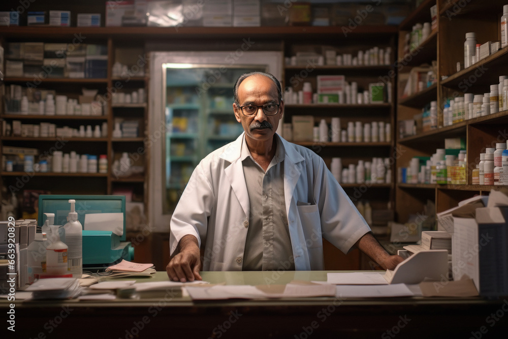 Indian man pharmacist working at his pharmacy store