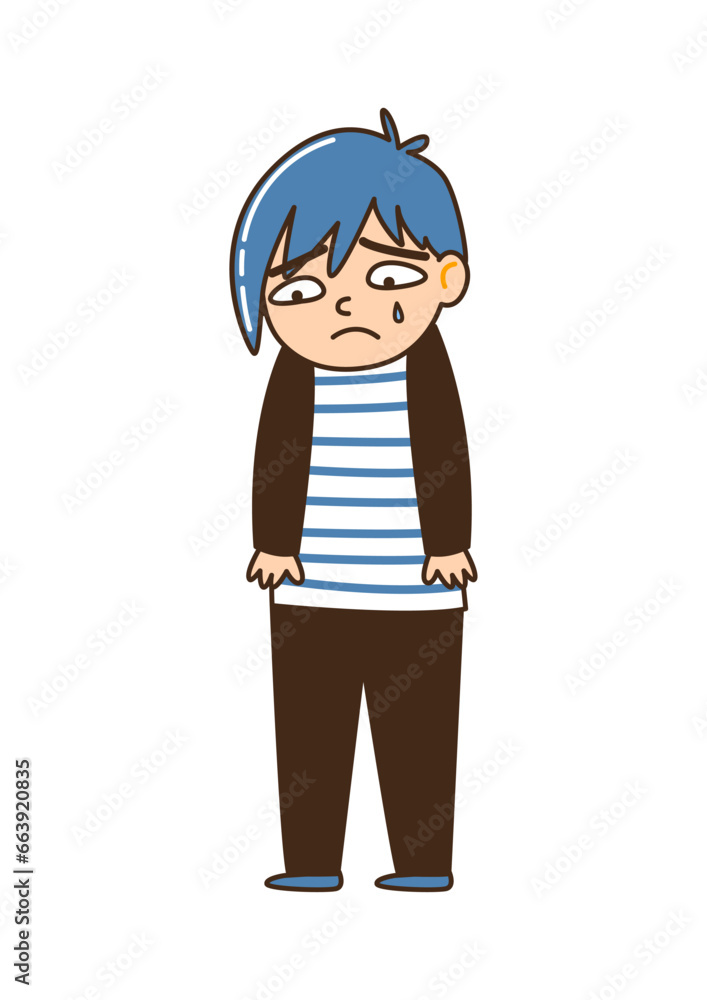 Cute cartoon sad boy isolated on white - concept of sadness emotion
