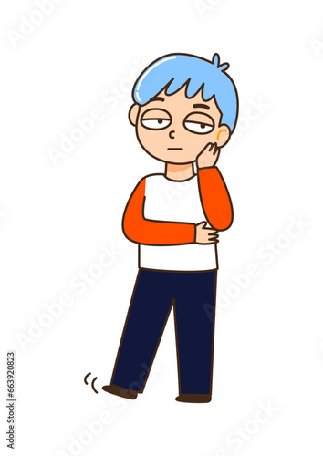 Cute cartoon bored boy isolated on white - concept of boredom