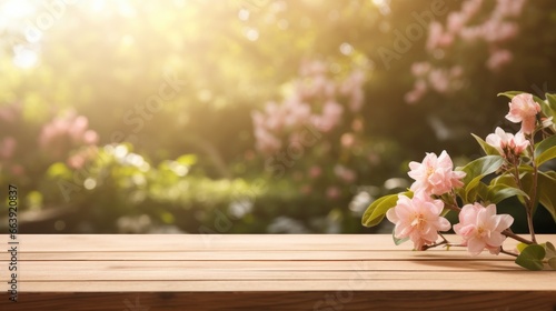 Empty Wooden surface for presentation with blurred garden and flowers background  mockup  Space for presentation product. for product display montages  punk tones