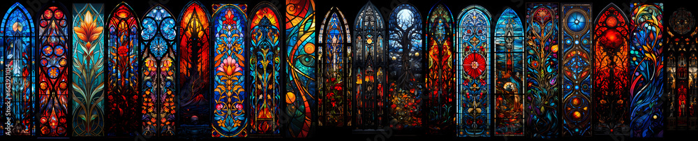 An ultra-wide collage of intricate stained-glass windows, each a masterpiece of radiant colors and intricate designs, showcasing the exquisite craftsmanship of the artisans who created them - obrazy, fototapety, plakaty 