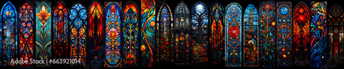 Valokuva An ultra-wide collage of intricate stained-glass windows, each a masterpiece of