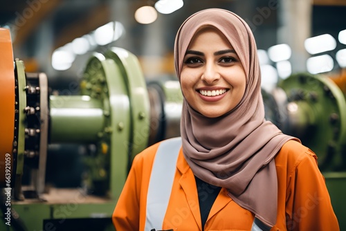 Engineer woman worker, working women happy smiling in heavy industry machinery factory.