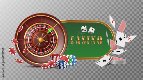 Casino roulette wheel with flying cards, poker chips and dice. Isolated on dark background.