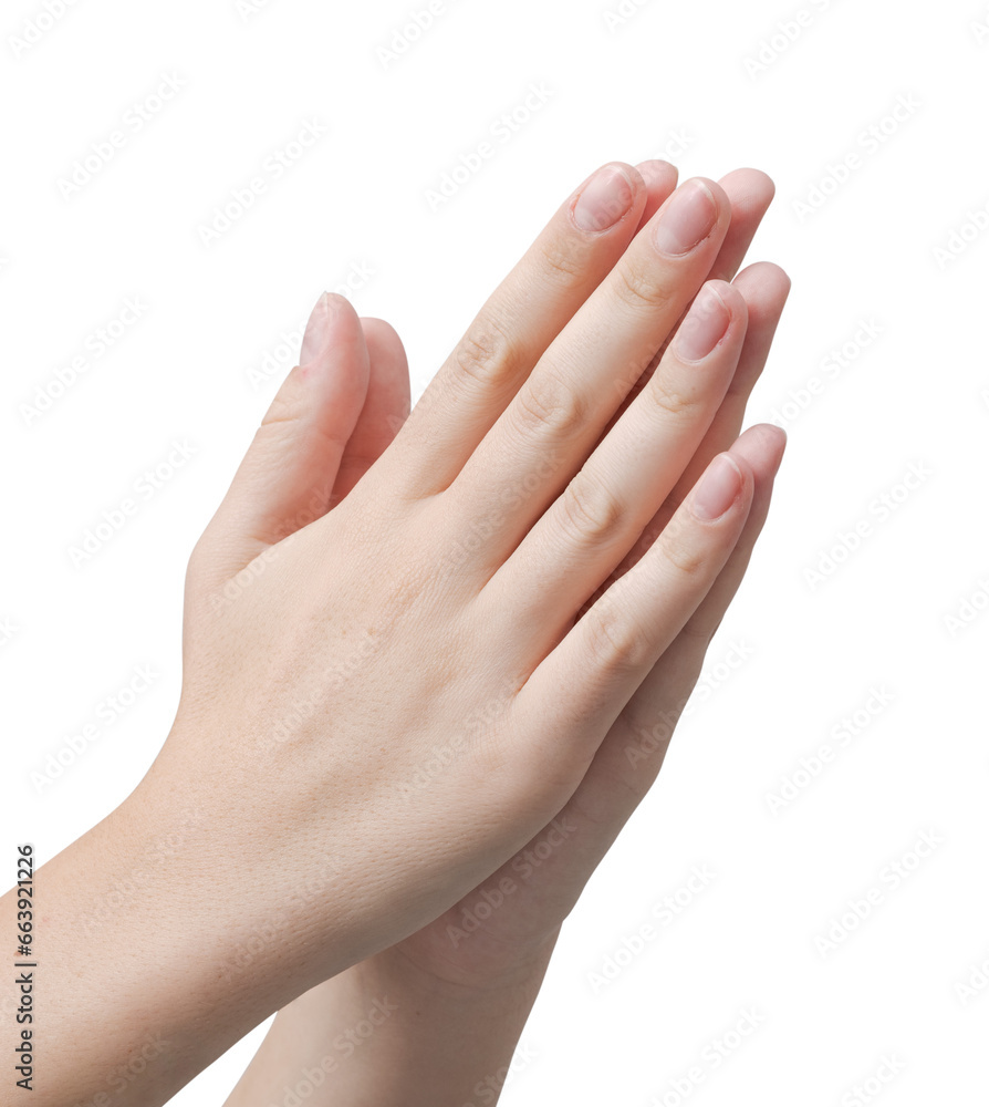 Young woman hands joined isolated Young woman hands joined isolated