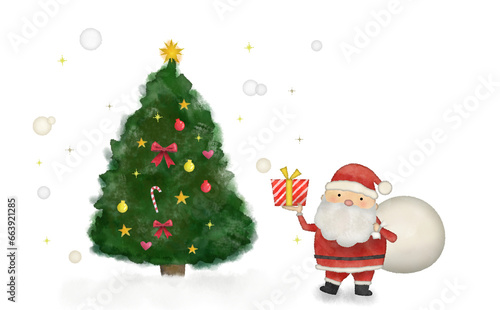 サンタとクリスマスツリーの手書き風イラスト