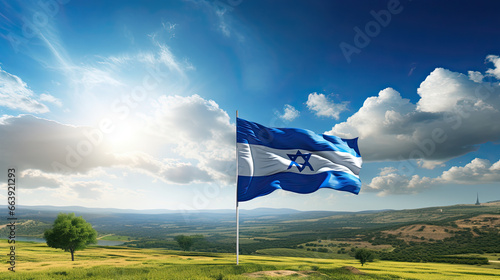 Beautiful countryside with the Israeli flag in the foreground - Generative AI
