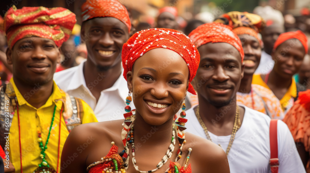 Group portrait of happy African American people in colorful traditional clothes outdoor and shawl on head exuding beauty and cultural richness.Selective focus. Black History Month Group portrait of happy African American people in colorful traditional clothes outdoor and shawl on head exuding beauty and cultural richness.Selective focus. Black History Month