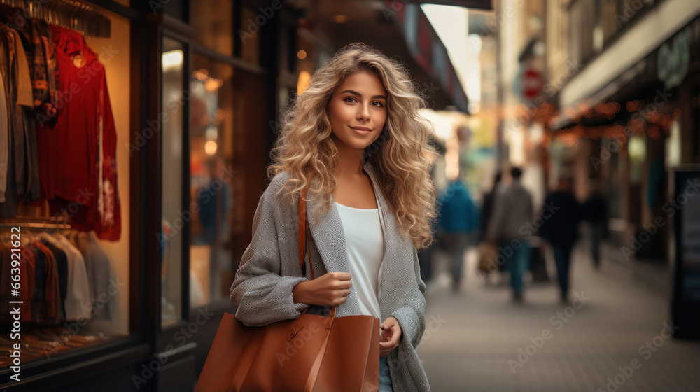 young woman stand on street while shopping