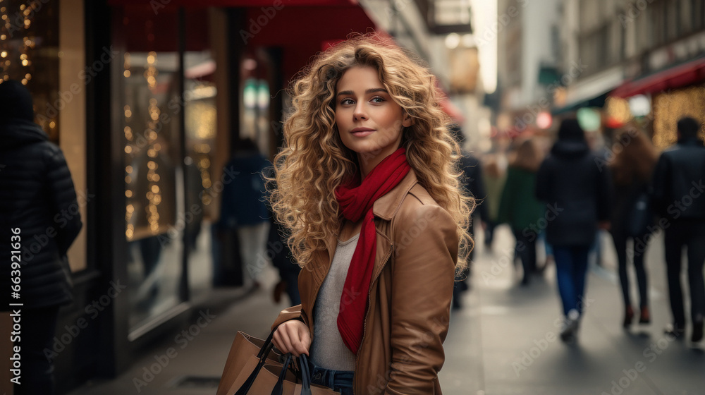 young woman stand on street while shopping