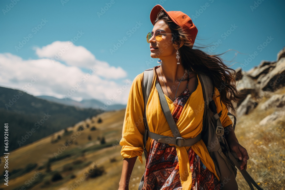 Young woman hiker standing on mountain