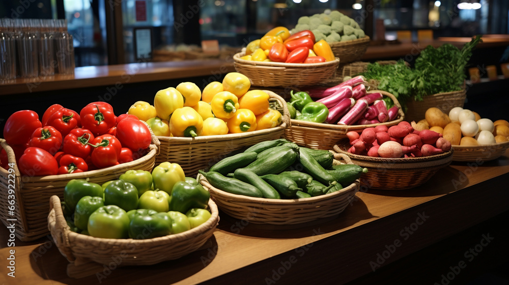 Fresh vegetables on the shelves in a vegetable shop