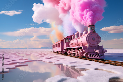 pink train traveling on a rainbow salt plain, in the style of fantastical otherworldly visions