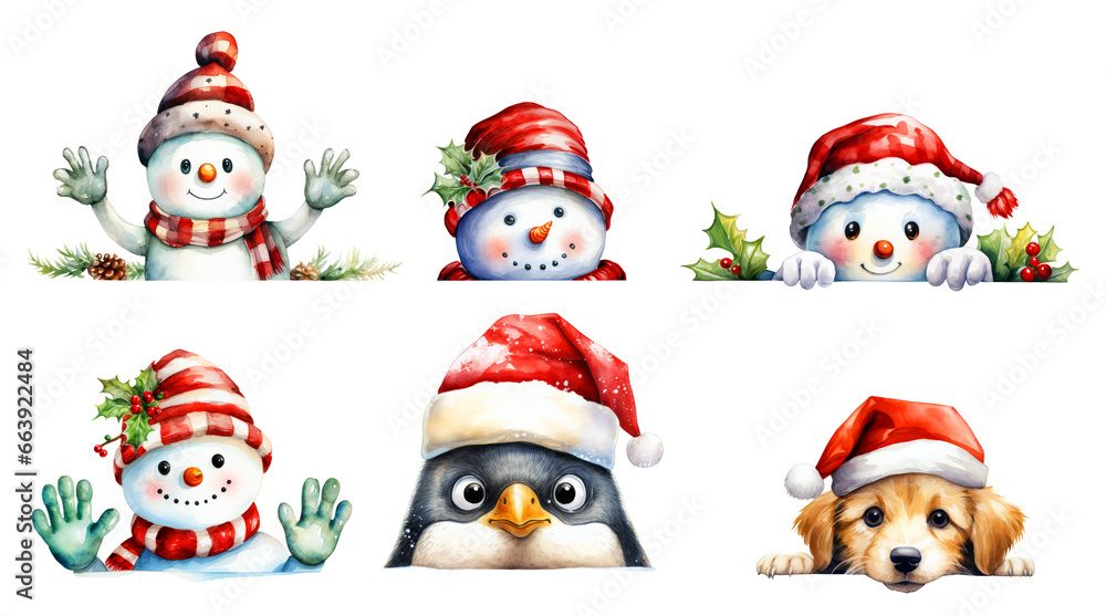 Funny Christmas Snowman and Friends Peeking Watercolor Clipart isolated on Transparent Background
