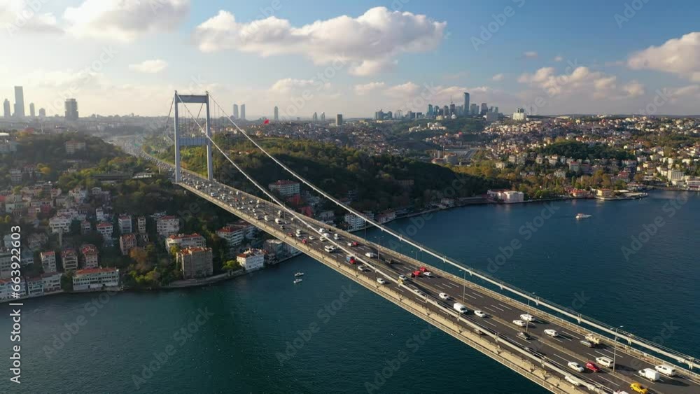 Aerial view of the view and vehicle traffic from the 15 July Martyrs Bridge (Bosphorus Bridge) on a sunny day. Aerial view of the view and vehicle traffic from the 15 July Martyrs Bridge (Bosphorus Bridge) on a sunny day.