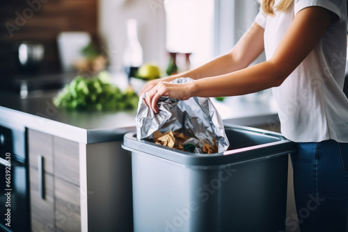 Woman trowing garbage in dustbin at modern kitchen photo