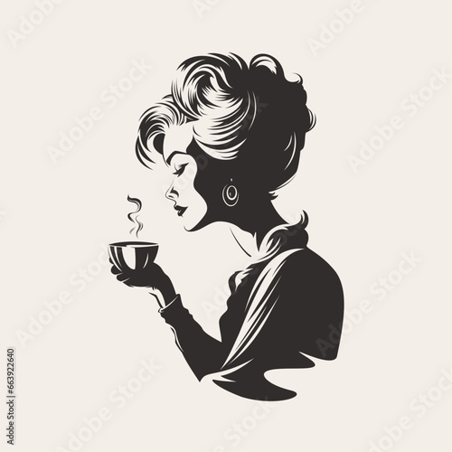 Silhouette of a woman drinking coffee or tea. Retro noir style vector illustration. 