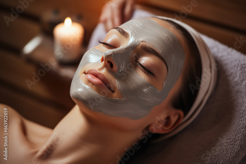 Young woman apply facial cream on face at salon.