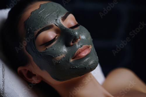 Young woman apply facial cream on face at salon.