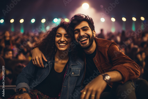 Young couple enjoying at music festival event.