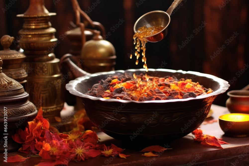 ayurvedic massage oil in bowl - obrazy, fototapety, plakaty 