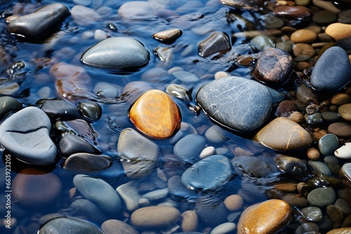 Close-up of stream pebble with serene flowing water. Generative AI