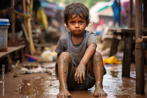 Indian little child covered in mud