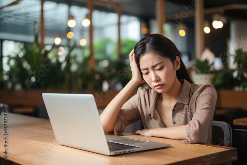 Young woman feeling stress and head pain while working on laptop
