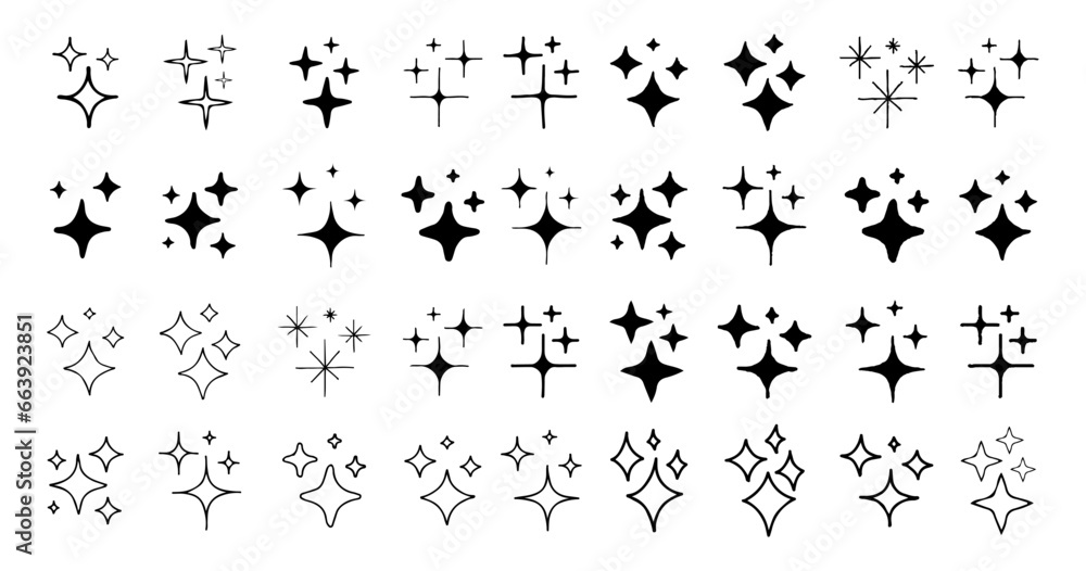 Cool Hand-Drawn Sparkle Icons Collection. Shine Effect Sign Vector Design. Set of Doodle Star Shapes. Magic Symbols. Cool Hand-Drawn Sparkle Icons Collection. Shine Effect Sign Vector Design. Set of Doodle Star Shapes. Magic Symbols.