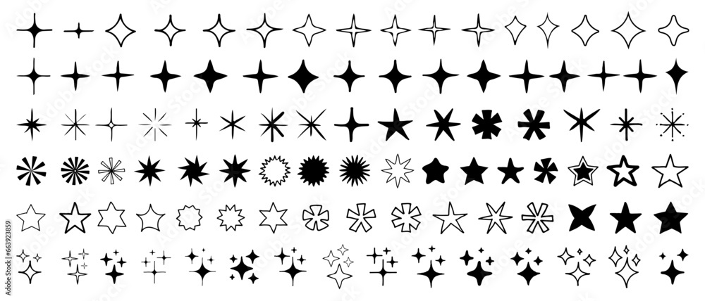 Cool Hand-Drawn Sparkle Icons Collection. Shine Effect Sign Vector Design. Set of Doodle Star Shapes. Magic Symbols. - obrazy, fototapety, plakaty 