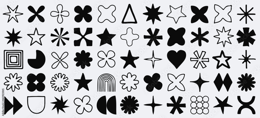Fototapeta premium Hand-Drawn Brutalist Doodle Shapes, Cool Geometric Forms. Bauhaus Minimalist Graphic Design Elements. Trendy Y2K Vector Signs. Simple Star and Flower Basic Shapes.