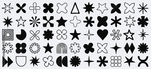 Hand-Drawn Brutalist Doodle Shapes, Cool Geometric Forms. Bauhaus Minimalist Graphic Design Elements. Trendy Y2K Vector Signs. Simple Star and Flower Basic Shapes.