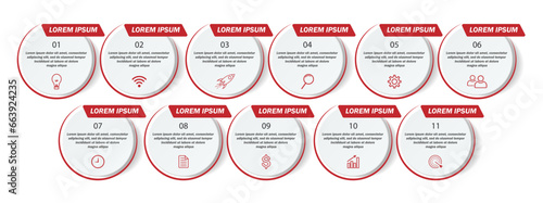 eleven step infographic, simple design, lines, colors, icons, suitable for your business presentation