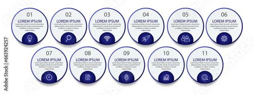 eleven step infographic, simple design, lines, colors, icons, suitable for your business presentation